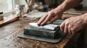 A chef sharpening a blade, demonstrating the care required for premium carbon steel kitchen knives.