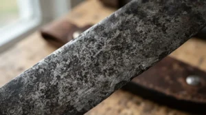 Close-up detail of a carbon steel patina forming on the blade of one of our carbon steel kitchen knives after regular use.
