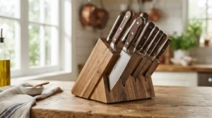 A full collection of carbon steel kitchen knives safely stored inside a countertop wooden knife block.