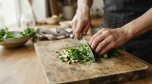 Preparing fresh vegetables using a sharp blade from a carbon steel knife set