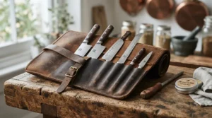 A complete carbon steel knife set packed securely inside a portable leather knife roll
