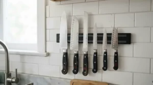 A versatile carbon steel knife set mounted securely on a kitchen magnetic wall rack