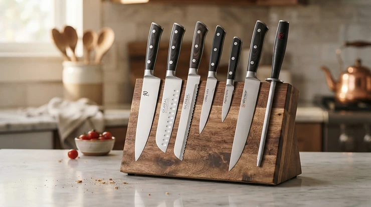 A premium carbon steel knife set displayed neatly on a modern kitchen counter