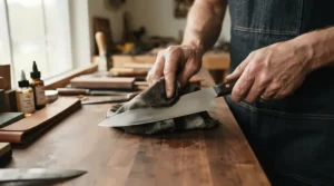 Applying protective oil for rust prevention on a carbon steel knife set