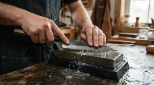 Sharpening a blade from a carbon steel knife set on a whetstone