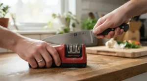 Using a diamond wheel sharpener designed specifically for maintaining a ceramic chef's knife.