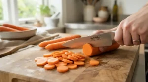 A lightweight ceramic chef's knife making precise julienne cuts on crunchy carrots and parsnips.