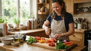 An enthusiastic home cook handling a sharp ceramic chef's knife while dicing crisp bell peppers.