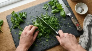 Preparing Sunday roast garnishes with a lightweight ceramic chef's knife mincing fresh rosemary and thyme.