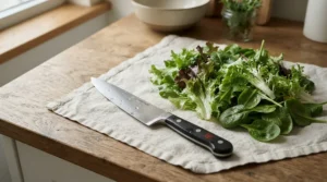 A rust-free ceramic chef's knife resting on a tea towel after being washed and dried.