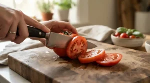 A ceramic chef's knife effortlessly slicing ripe red tomatoes on a rustic wooden chopping board in a modern kitchen.