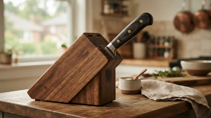 A black-handled ceramic chef's knife slotted safely into a countertop storage block.