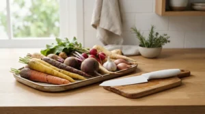 An affordable ceramic knife for vegetables resting next to a neatly arranged bundle of fresh carrots and celery.