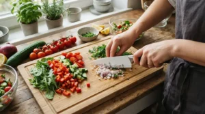 A versatile ceramic knife for vegetables chopping leafy greens and crisp cucumbers for a fresh everyday salad.