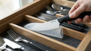 A ceramic knife for vegetables stored safely in a protective sheath to prevent blade chipping in a drawer.