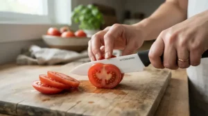 Demonstrating the correct grip on a ceramic knife for vegetables while dicing ripe red tomatoes on a counter.