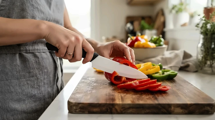 A sharp ceramic knife for vegetables slicing brightly coloured bell peppers on a wooden chopping board in a modern kitchen.