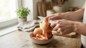 A small ceramic knife for vegetables being used by a home cook to intricately peel a fresh round apple.
