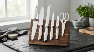 A value ceramic knife for vegetables displayed as part of a budget-friendly kitchen cutlery set on a slate countertop.