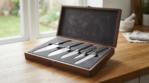 An elegant ceramic knife gift set presented in a luxury presentation box with a ribbon