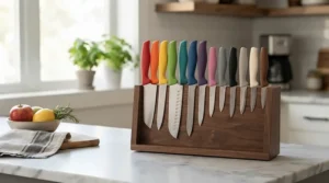 A stylish ceramic knife set displayed neatly on a wooden kitchen counter in a modern British home