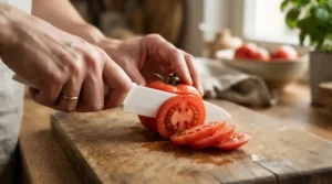 Close-up of a ceramic knife set being tested for sharpness on fresh vegetables during a review