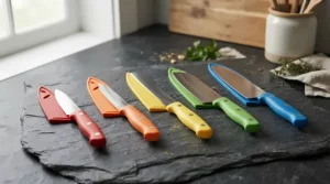 A ceramic knife set featuring individual protective sheaths for safe kitchen drawer storage