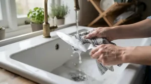 Washing a durable stainless steel knife carefully in a Belfast kitchen sink with soapy water