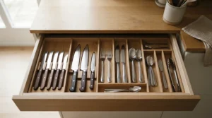 An affordable Damascus knife set presented in a compact storage tray for smaller kitchens