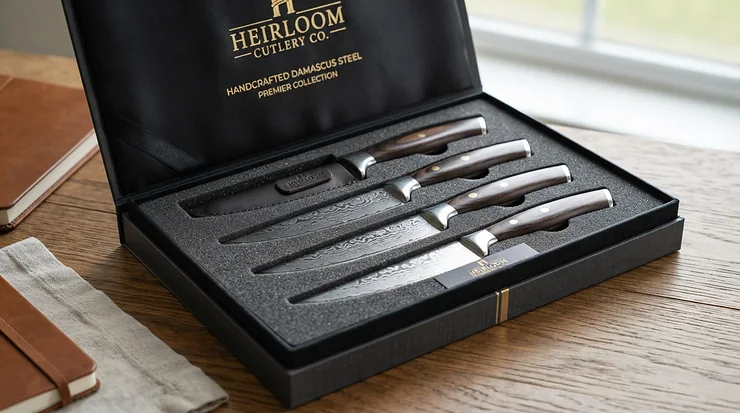 A Damascus knife set displayed inside a luxurious presentation box with velvet lining