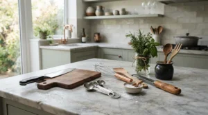 A versatile mid-range Damascus knife set arranged on a marble kitchen island