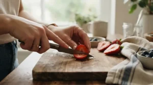 Close-up of a Damascus knife set paring knife slicing fresh citrus fruit on a chopping board