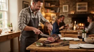 Carving a Sunday roast joint using a large blade from a Damascus knife set