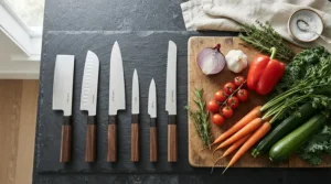 A Damascus knife set laid out alongside everyday cooking ingredients for a value guide