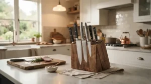 A premium Damascus knife set displayed in a solid oak block on a modern kitchen worktop