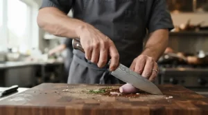 Demonstrating the correct pinch grip technique with a Damascus steel chef's knife