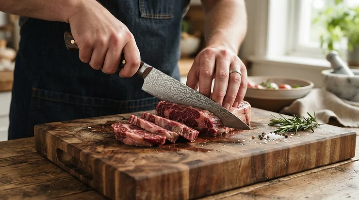 A Damascus steel chef's knife slicing through a joint of meat on a butcher's block