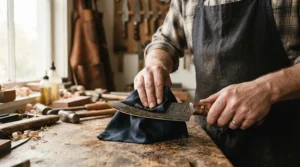Applying protective oil to the carbon core of a Damascus steel chef's knife
