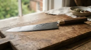 A Damascus steel chef's knife resting on an oak chopping board in a modern kitchen