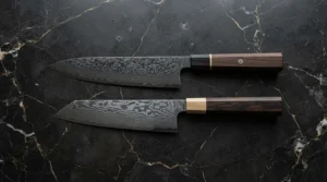 A Damascus steel chef's knife and a matching santoku blade on a kitchen island
