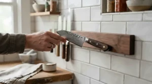 Storing a Damascus steel chef's knife safely in a wooden magnetic knife rack