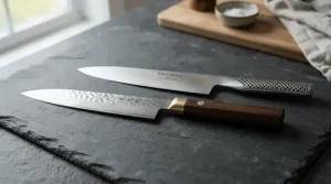 A Damascus steel chef's knife compared alongside a standard silver stainless steel kitchen blade