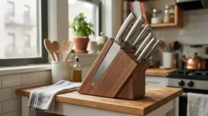 A space-saving Damascus steel knife block set designed for compact British flat and apartment kitchens