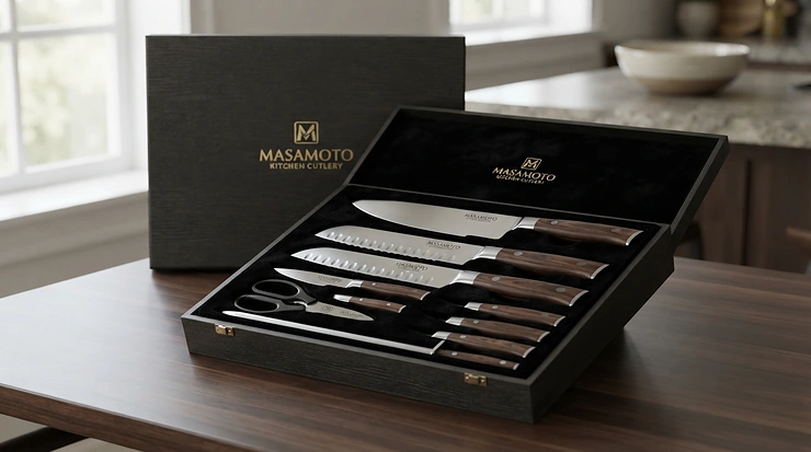 A premium Damascus steel knife block set presented in an elegant gift box with ribbon for a wedding present
