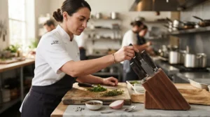 A professional chef selecting a blade from a Damascus steel knife block set in a restaurant kitchen