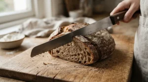 A Damascus steel knife block set featuring a specialised serrated blade slicing crusty artisan sourdough bread