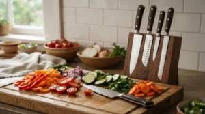 A Damascus steel knife block set alongside freshly chopped root vegetables on a wooden chopping block