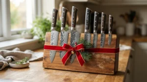 A high-end Damascus steel knife block set wrapped as a luxury culinary gift for a keen home cook