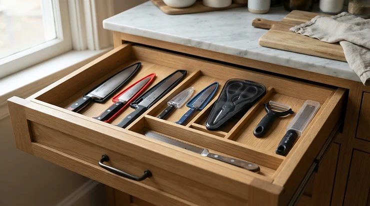 A compact ceramic knife set stored safely inside a kitchen drawer using protective sheaths