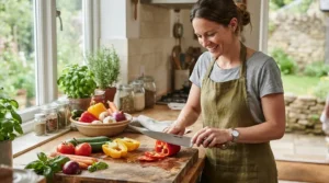A professional stainless steel chef's knife held by a cook preparing Sunday roast ingredients
